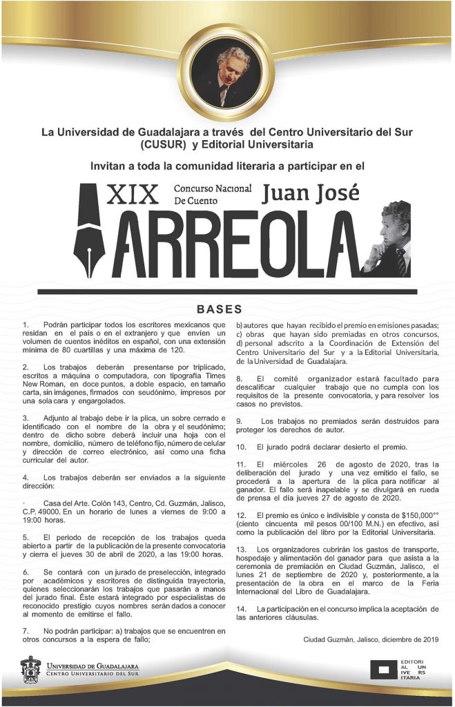 Cartel promocional de la XIX convocatoria del Concurso Nacional de Cuento Juan José Arreola.